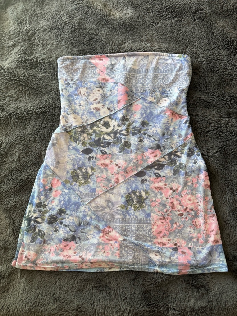 Altar’d State Floral Strapless Mini Dress in Pastel Blue & Pink